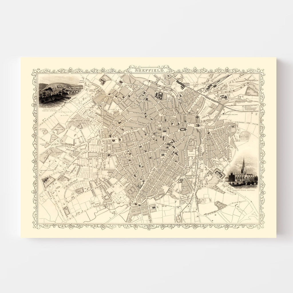Vintage Map of Sheffield, United Kingdom 1851