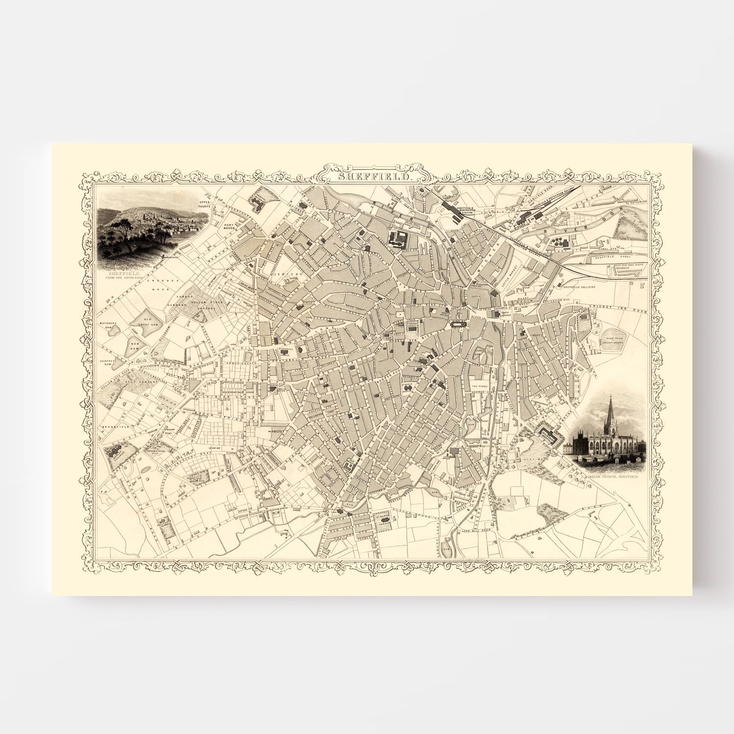 Vintage Map of Sheffield, United Kingdom 1851