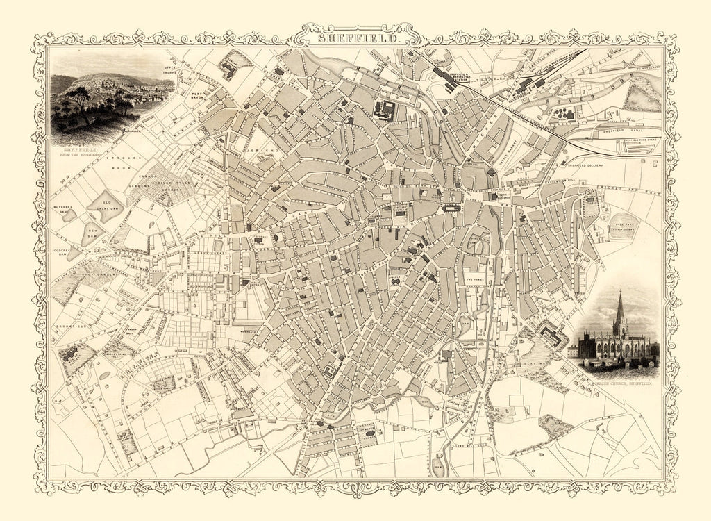 Vintage Map of Sheffield, United Kingdom 1851