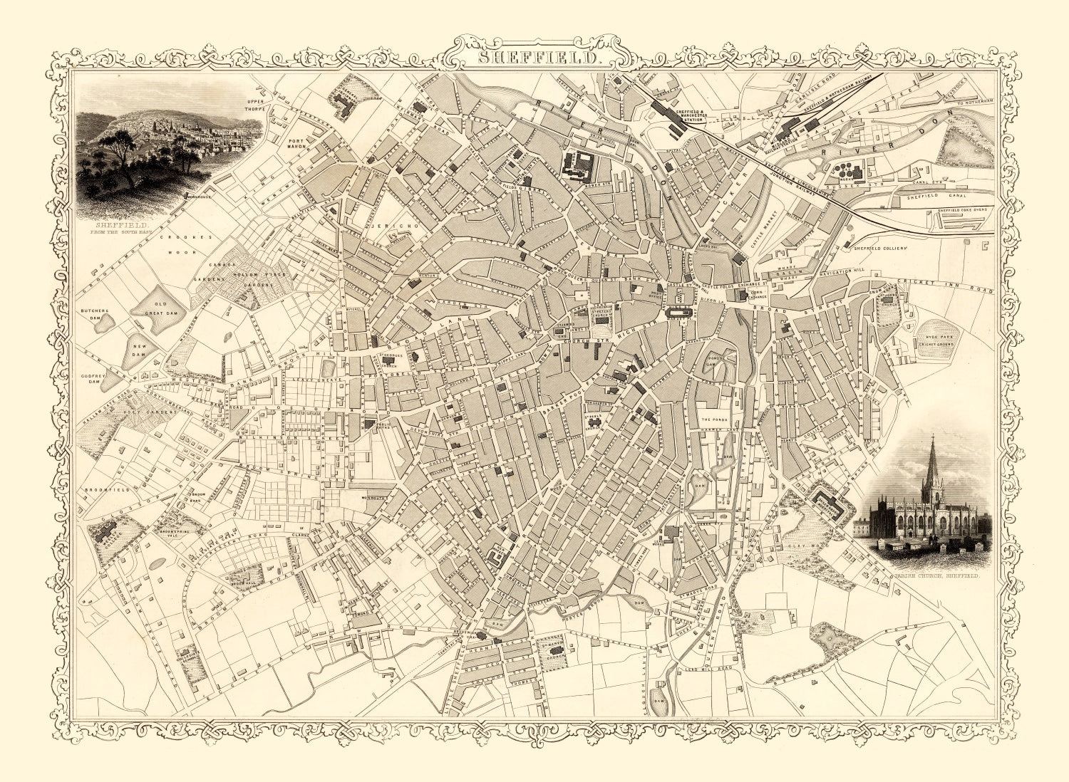 Vintage Map of Sheffield, United Kingdom 1851