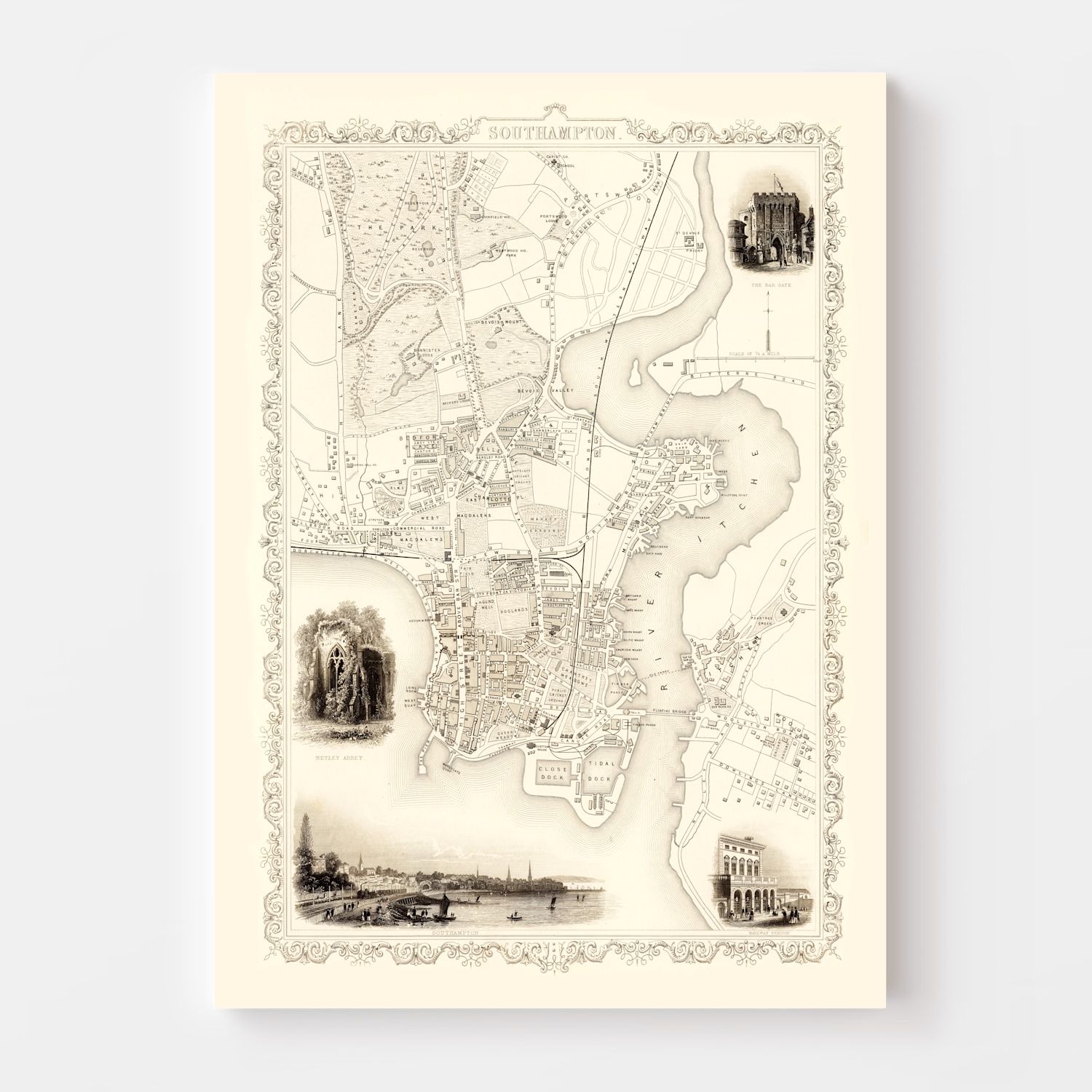 Vintage Map of Southampton, United Kingdom 1851