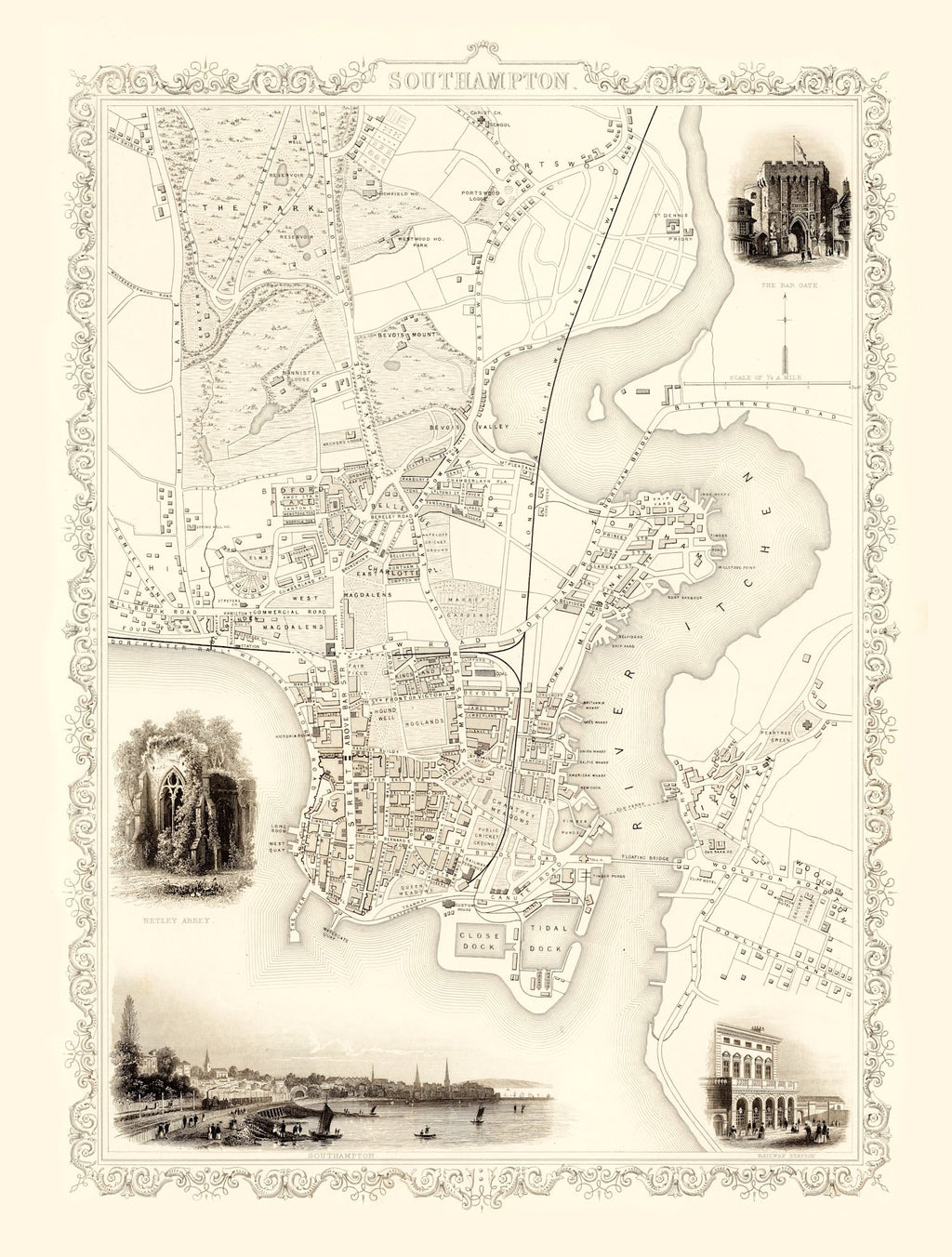 Vintage Map of Southampton, United Kingdom 1851