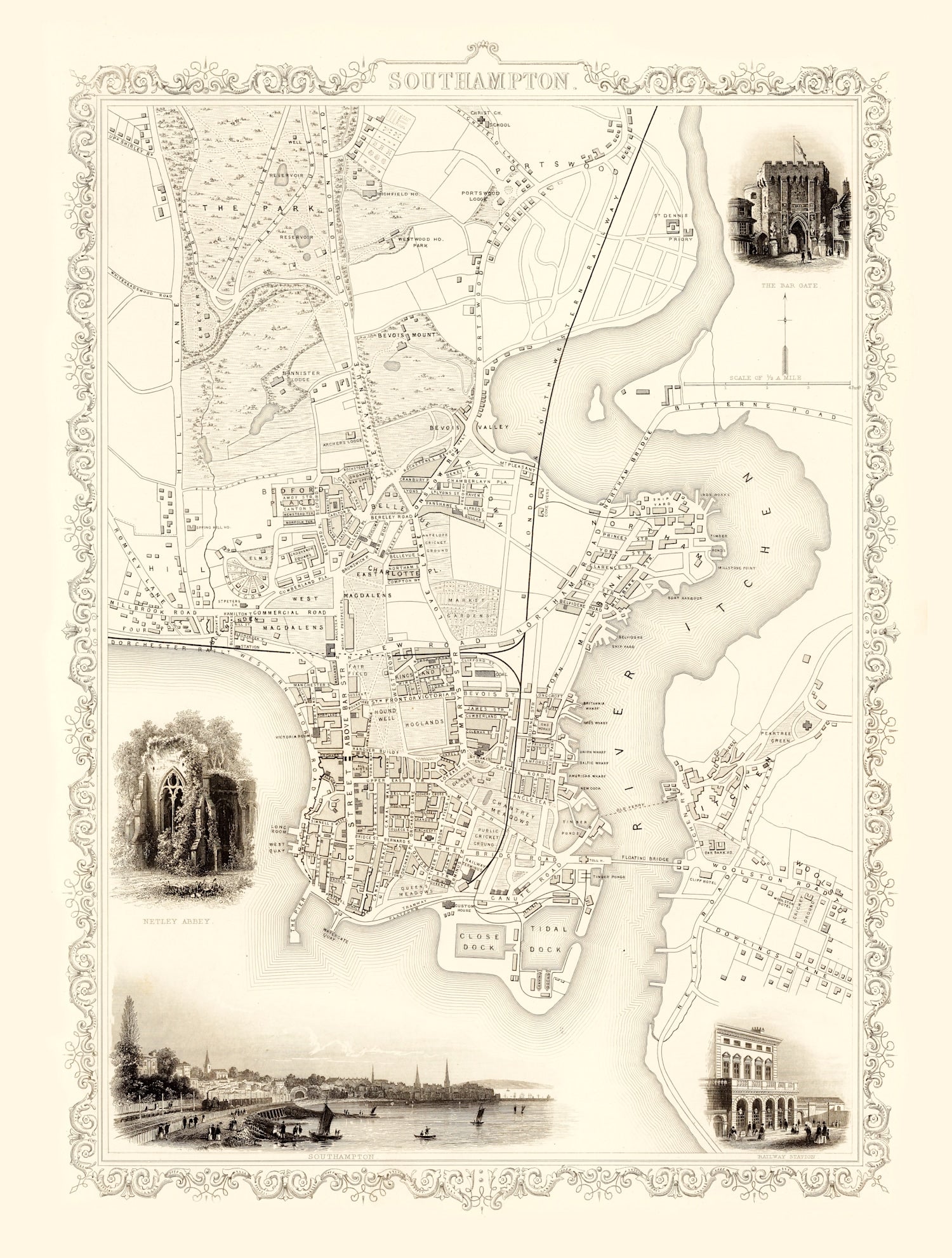 Vintage Map of Southampton, United Kingdom 1851