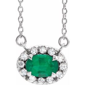 14K White Gold 5x3 mm Natural Emerald & .05 CTW Natural Diamond 16" Necklace