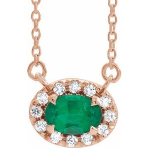 14K Rose Gold 5x3 mm Lab-Grown Emerald & .05 CTW Natural Diamond 16" Necklace