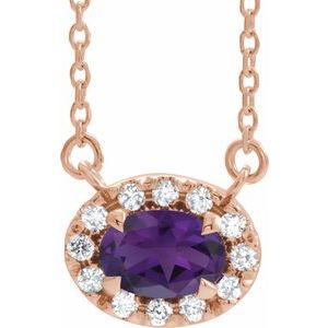 14K Rose Gold 5x3 mm Natural Amethyst & .05 CTW Natural Diamond 16" Necklace