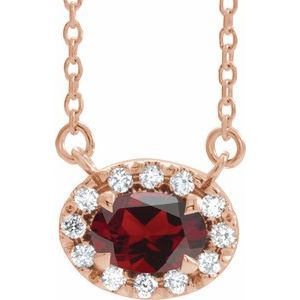 14K Rose Gold 5x3 mm Natural Mozambique Garnet & .05 CTW Natural Diamond 18" Necklace
