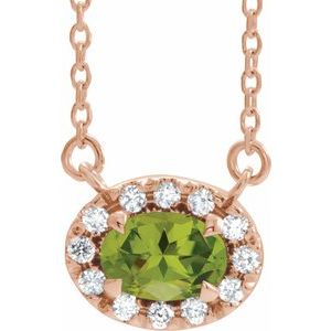 14K Rose Gold 5x3 mm Natural Peridot & .05 CTW Natural Diamond 16" Necklace