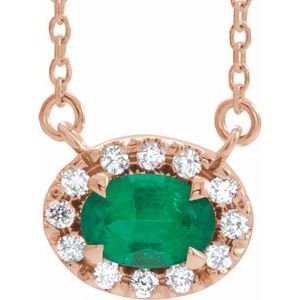 14K Rose Gold 7x5 mm Lab-Grown Emerald & 1/6 CTW Natural Diamond 18" Necklace