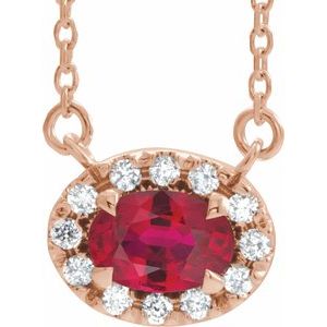 14K Rose Gold 6x4 mm Lab-Grown Ruby & 1/10 CTW Natural Diamond 18" Necklace