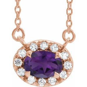 14K Rose Gold 7x5 mm Natural Amethyst & 1/6 CTW Natural Diamond 16" Necklace