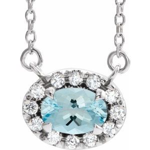 Sterling Silver 7x5 mm Natural Aquamarine & 1/6 CTW Natural Diamond 16" Necklace