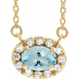14K Yellow Gold 7x5 mm Natural Aquamarine & 1/6 CTW Natural Diamond 16" Necklace