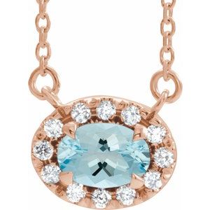 14K Rose Gold 7x5 mm Natural Aquamarine & 1/6 CTW Natural Diamond 18" Necklace