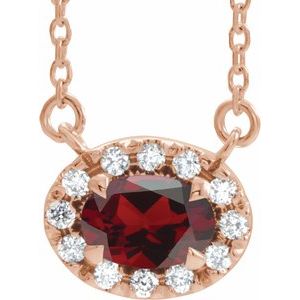 14K Rose Gold 7x5 mm Natural Mozambique Garnet & 1/6 CTW Natural Diamond 16" Necklace
