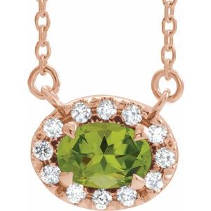 14K Rose Gold 6x4 mm Natural Peridot & 1/10 CTW Natural Diamond 16" Necklace