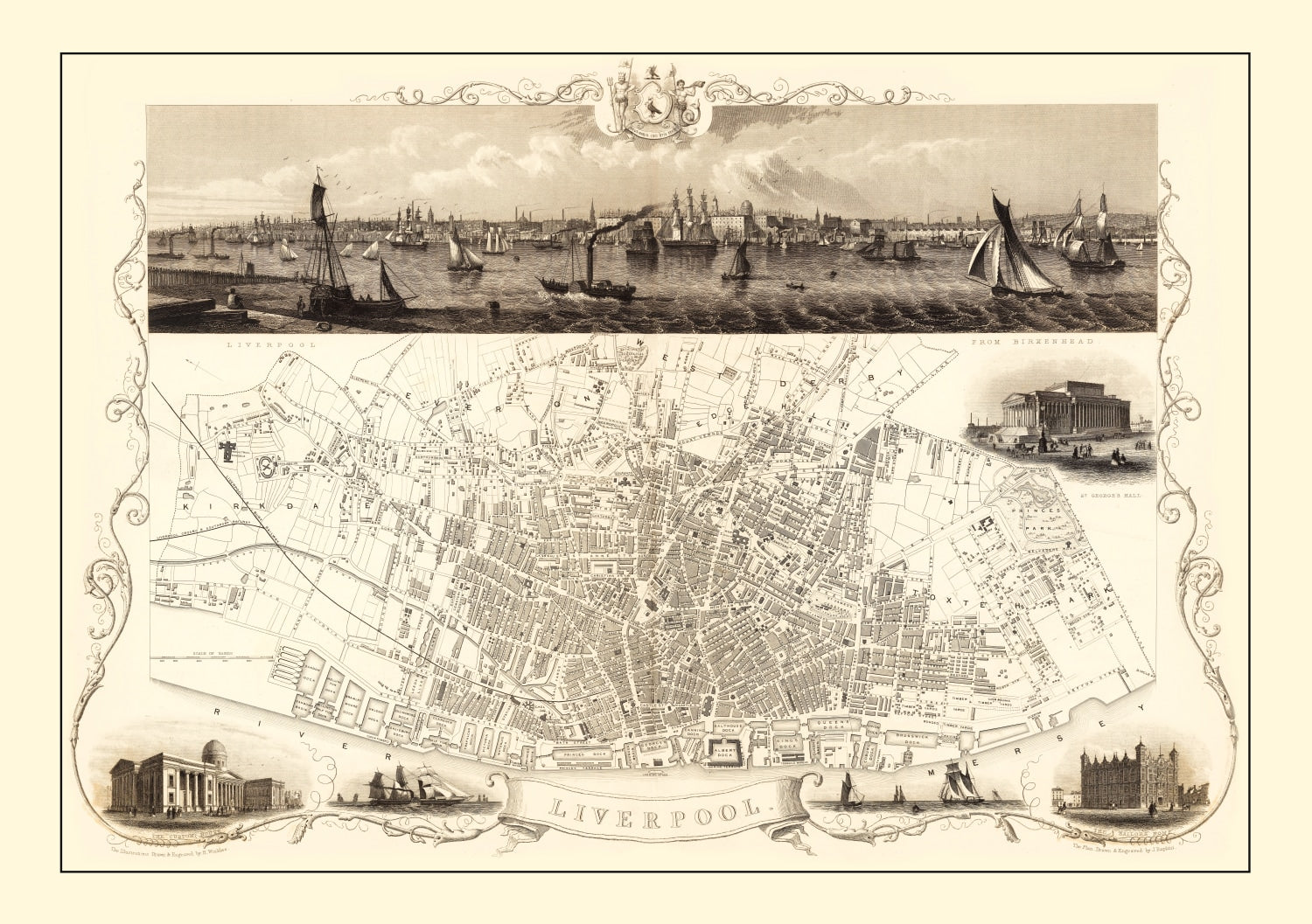Vintage Map of Liverpool, United Kingdom 1851