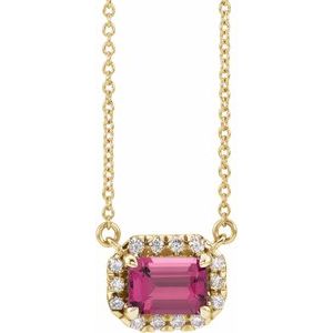 14K Yellow Gold 7x5 mm Natural Pink Tourmaline & 1/5 CTW Natural Diamond Halo-Style 16" Necklace