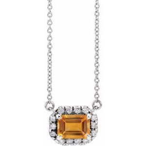 Sterling Silver 7x5 mm Natural Citrine & 1/5 CTW Natural Diamond Halo-Style 18" Necklace