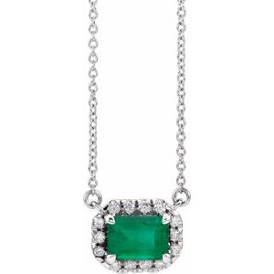 Sterling Silver 6x4 mm Lab-Grown Emerald & 1/5 CTW Natural Diamond Halo-Style 16" Necklace