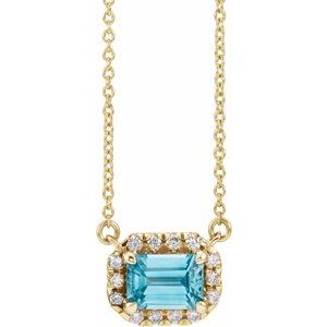 14K Yellow Gold 5x3 mm Natural Blue Zircon & 1/8 CTW Natural Diamond Halo-Style 18" Necklace