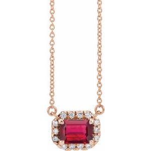 14K Rose Gold 6x4 mm Lab-Grown Ruby & 1/5 CTW Natural Diamond Halo-Style 16" Necklace
