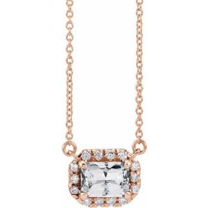 14K Rose Gold 6x4 mm Natural White Sapphire & 1/5 CTW Natural Diamond Halo-Style 16" Necklace