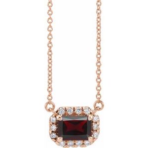 14K Rose Gold 5x3 mm Natural Mozambique Garnet & 1/8 CTW Natural Diamond Halo-Style 18" Necklace