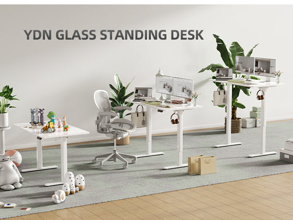 48 Inch Electric White Glass Standing Desk, Adjustable Height ,Quick Install Home Office Computer Desk, Stand Up Desk