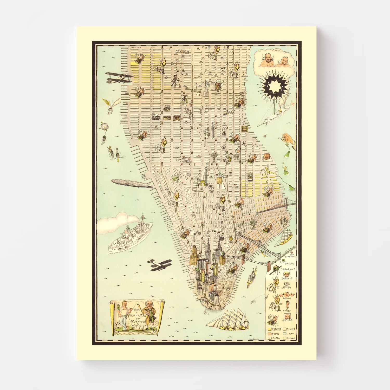 Vintage Map of Manhattan, New York 1927