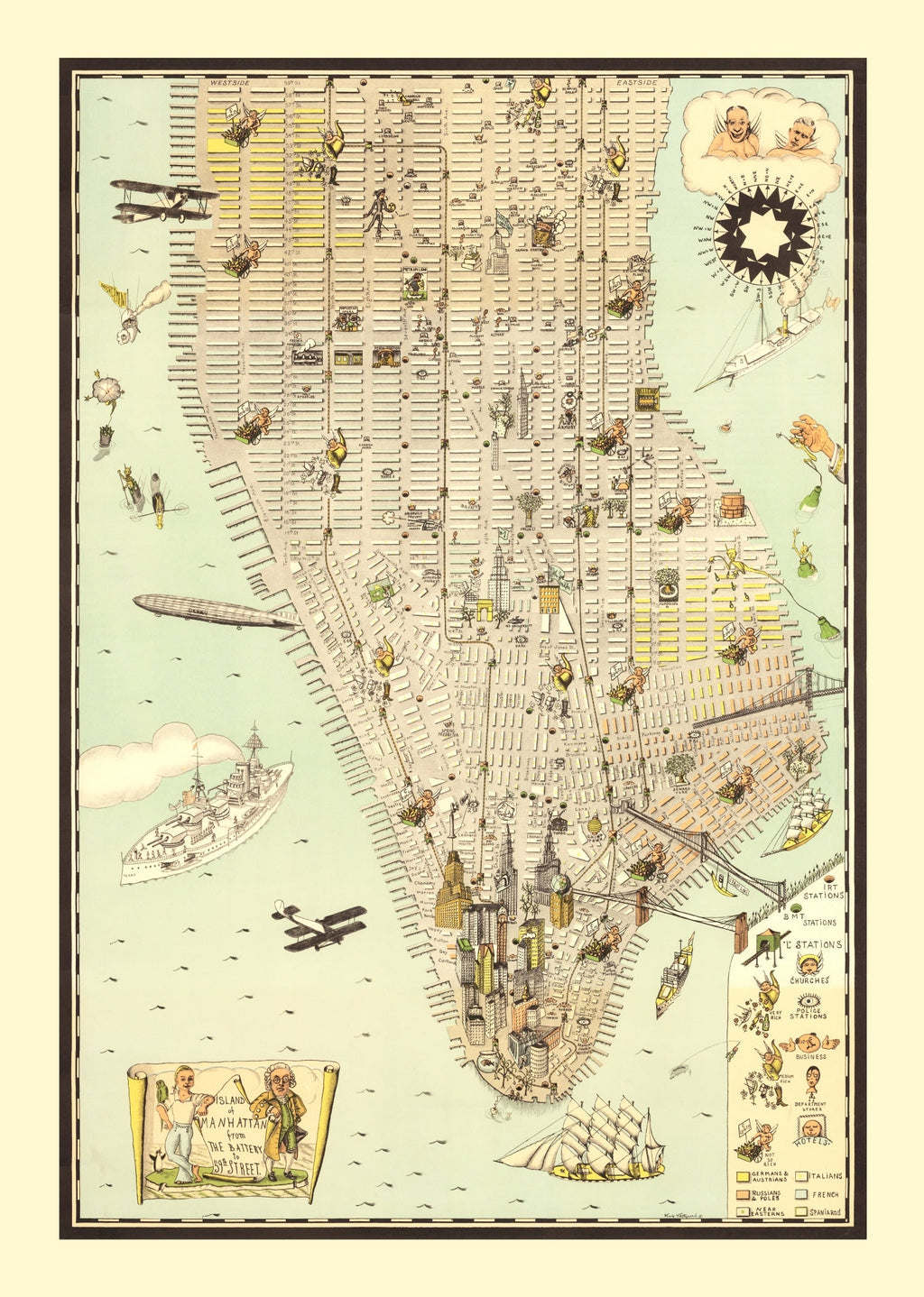 Vintage Map of Manhattan, New York 1927