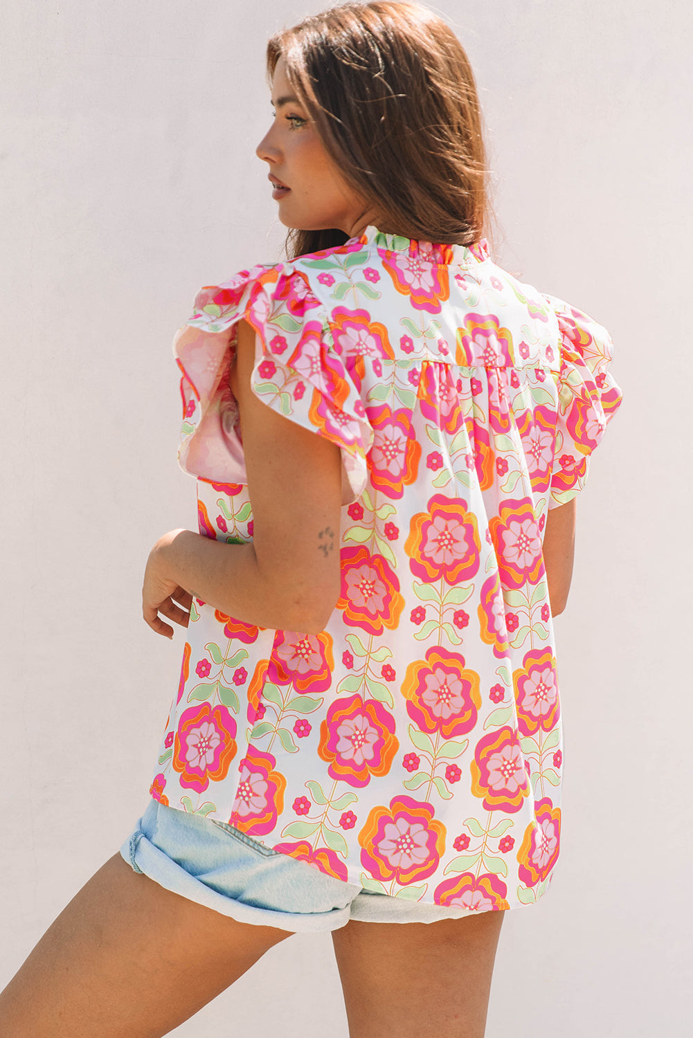 Floral Ricrac Trim  Ruffle Sleeve Blouse