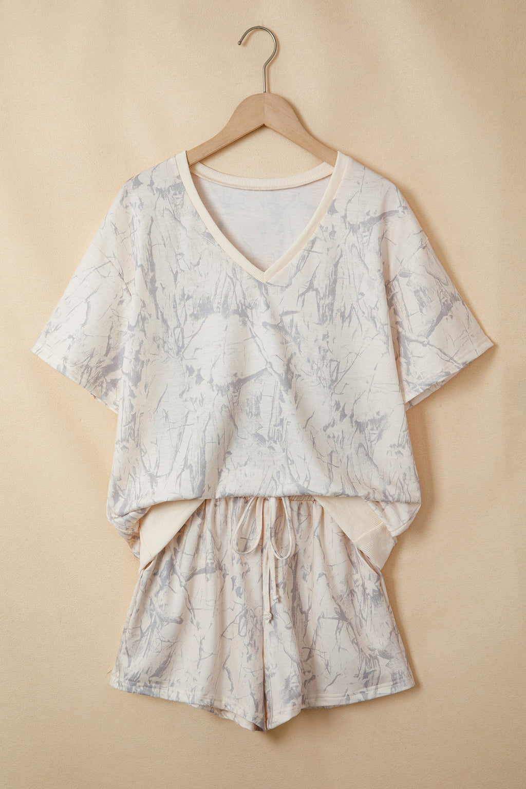 Camo V-Neck Loose Tee & Drawstring Shorts Set