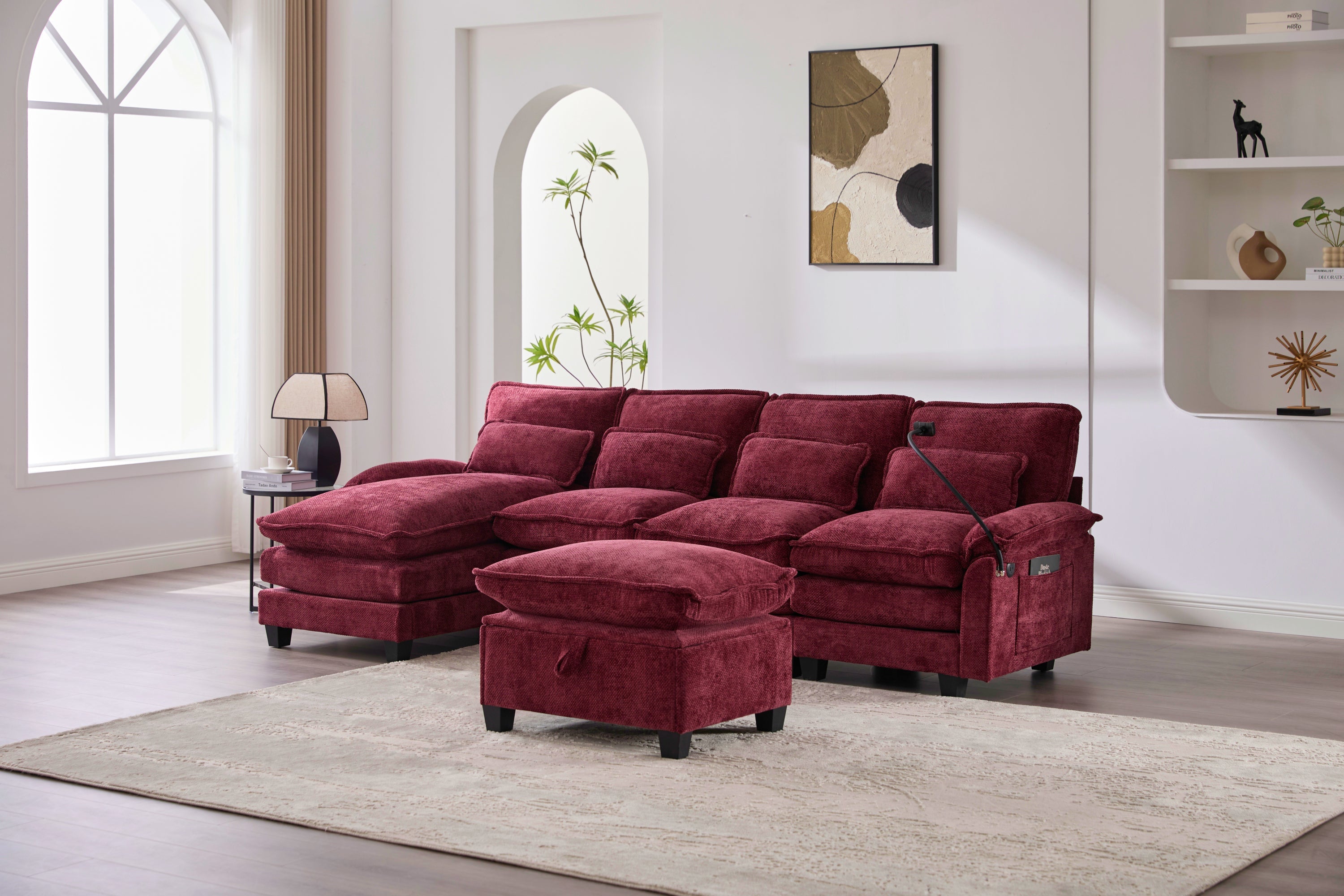 UNITED WE WIN 106' U Shape Sectional Sofa Cloud Couch for Living Room, Upholstery Comfy Modular Sofas, 4 Seat Chenille U-Shaped Sleeper Sofa with Chaise Lounge, Ottoman & Pillows