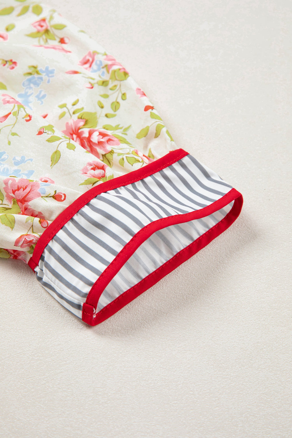 Floral Stripe Trim 3/4 Puff Sleeve Dress