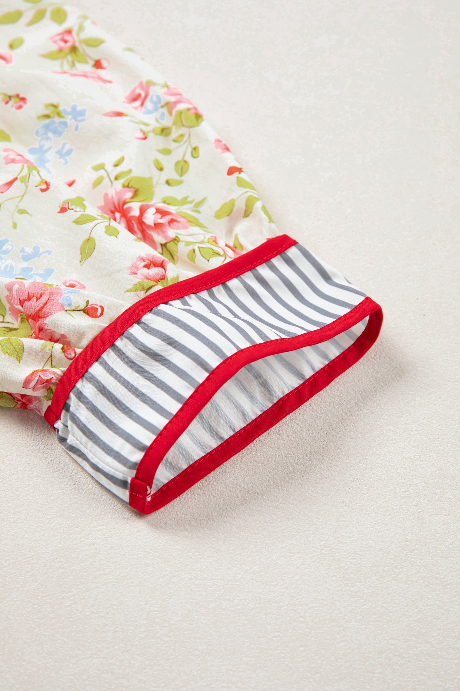 Floral Stripe Trim 3/4 Puff Sleeve Dress