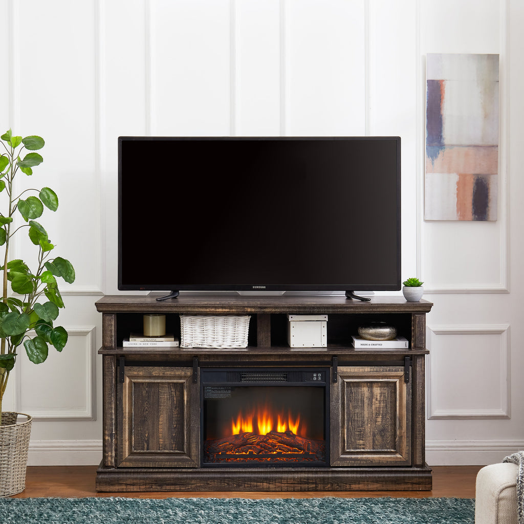 Modern Entertainment Console TV Stand with 23' Fireplace Insert, Multipurpose Sliding Door TV Cabinet Large Storage Space, 58.11'W*15.79'D*32.36'H Antique brown