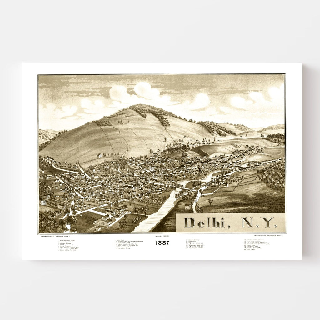 Vintage Map of Delhi, New York 1887