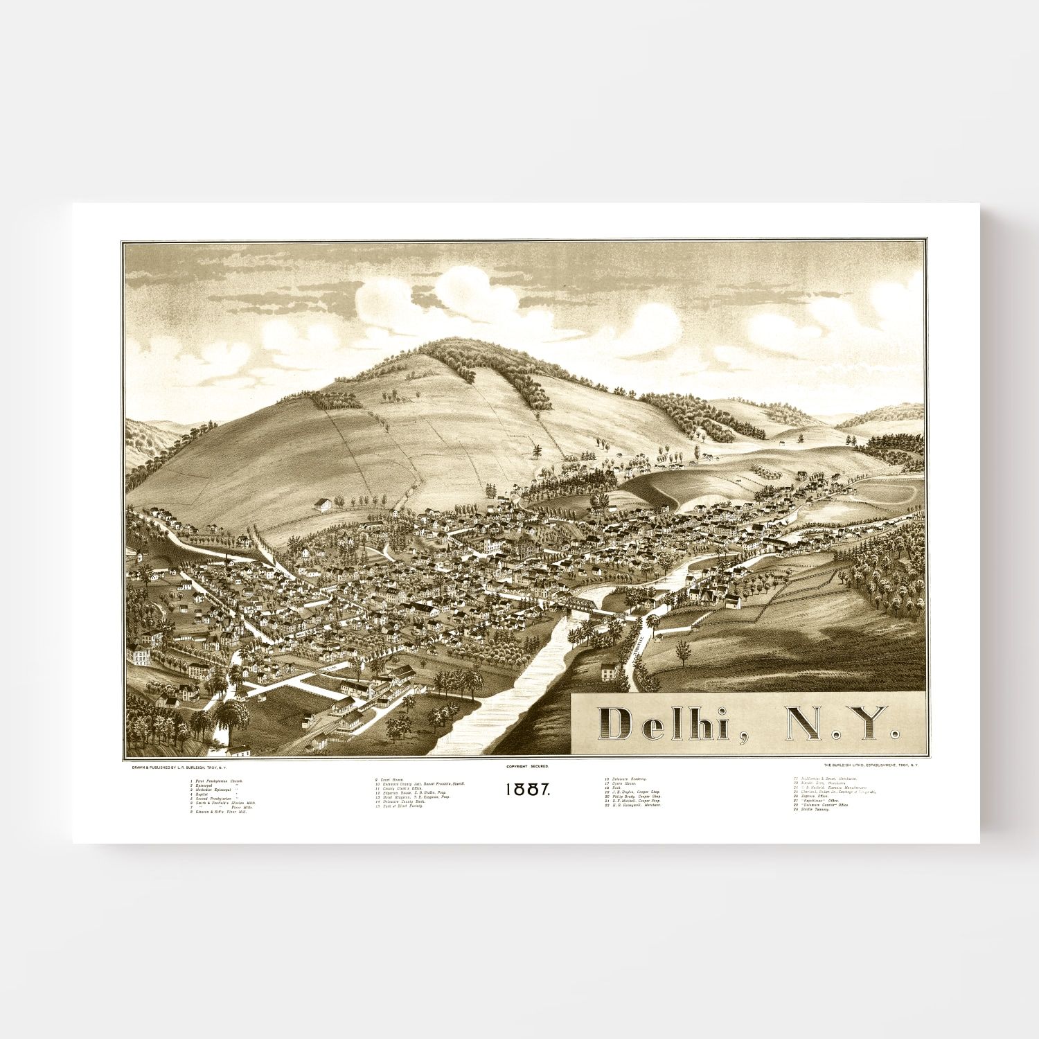 Vintage Map of Delhi, New York 1887