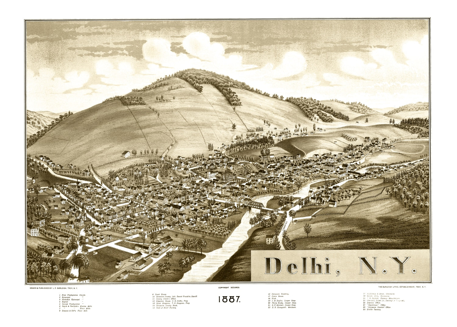 Vintage Map of Delhi, New York 1887