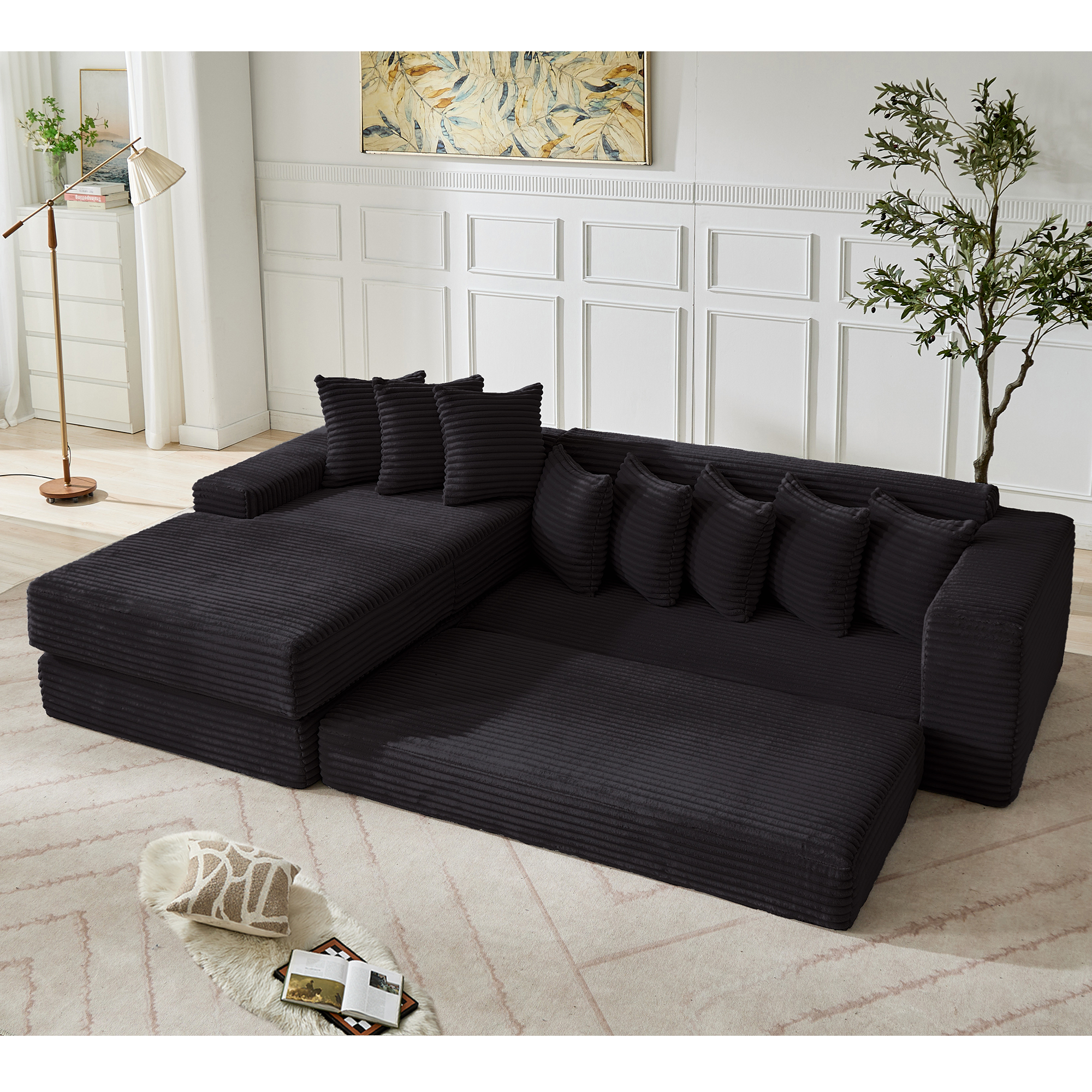 [NEW ARRIVED] [VIDEO PROVIDED] Oversize Cloud Sectional Couch, L-Shape Sofa, Convertible Floor Sleeper Sofa Bed, No Assembly ,Eight pillows,3-in-1,Side Pocket,(Left Facing Sofa),3 Seat,Corduroy,Black