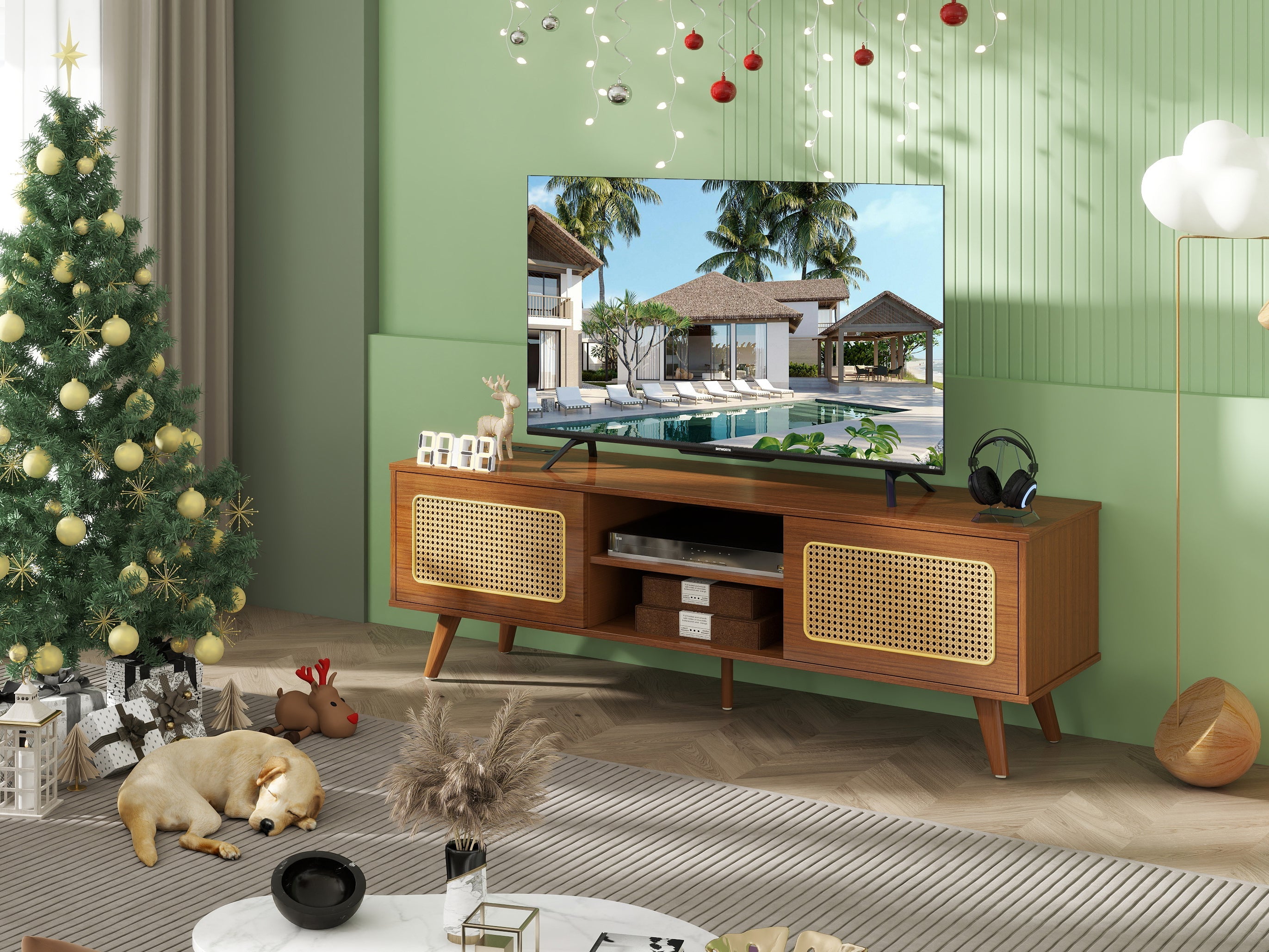 Mid Century Modern Rattan TV Stand for 55/60/65 inch TV , Entertainment Cabinet, Media Console for Living Room Bedroom Media Room, Solid Wood Feet & Rattan Cabinet Doors  (Walnut, 59')