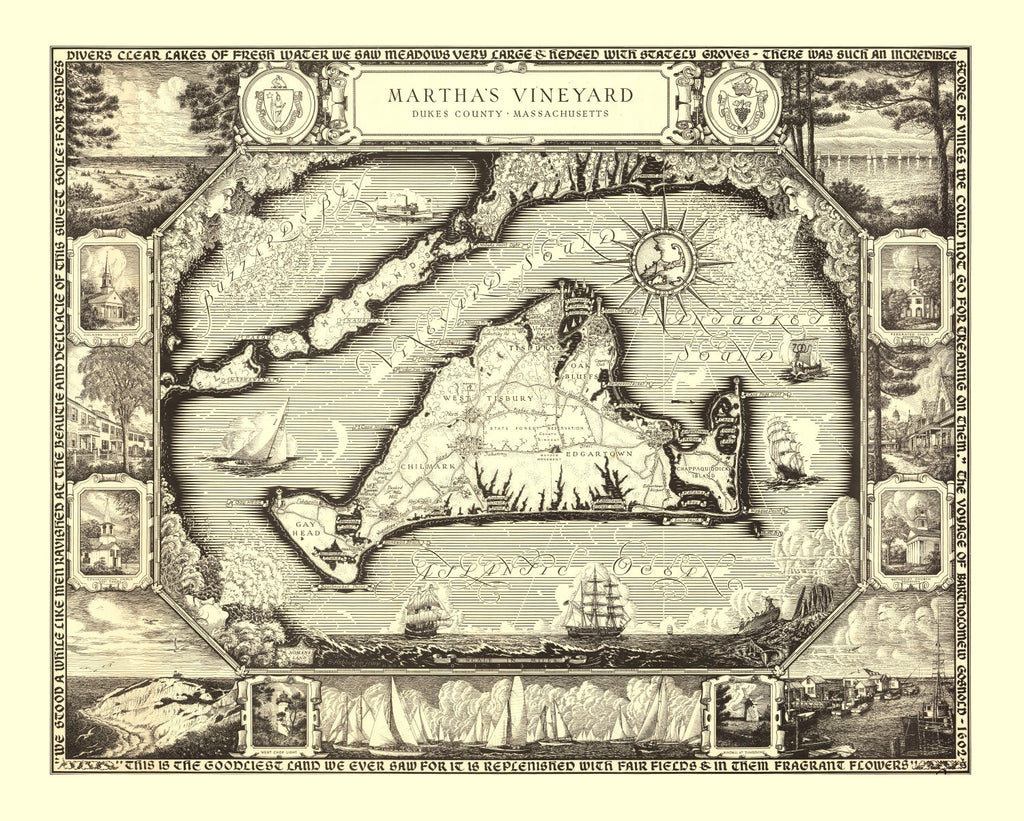 Vintage Map of Martha's Vineyard, MA 1954