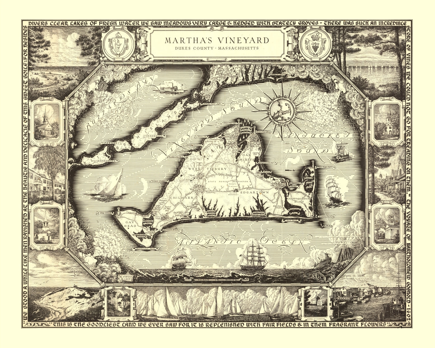 Vintage Map of Martha's Vineyard, MA 1954