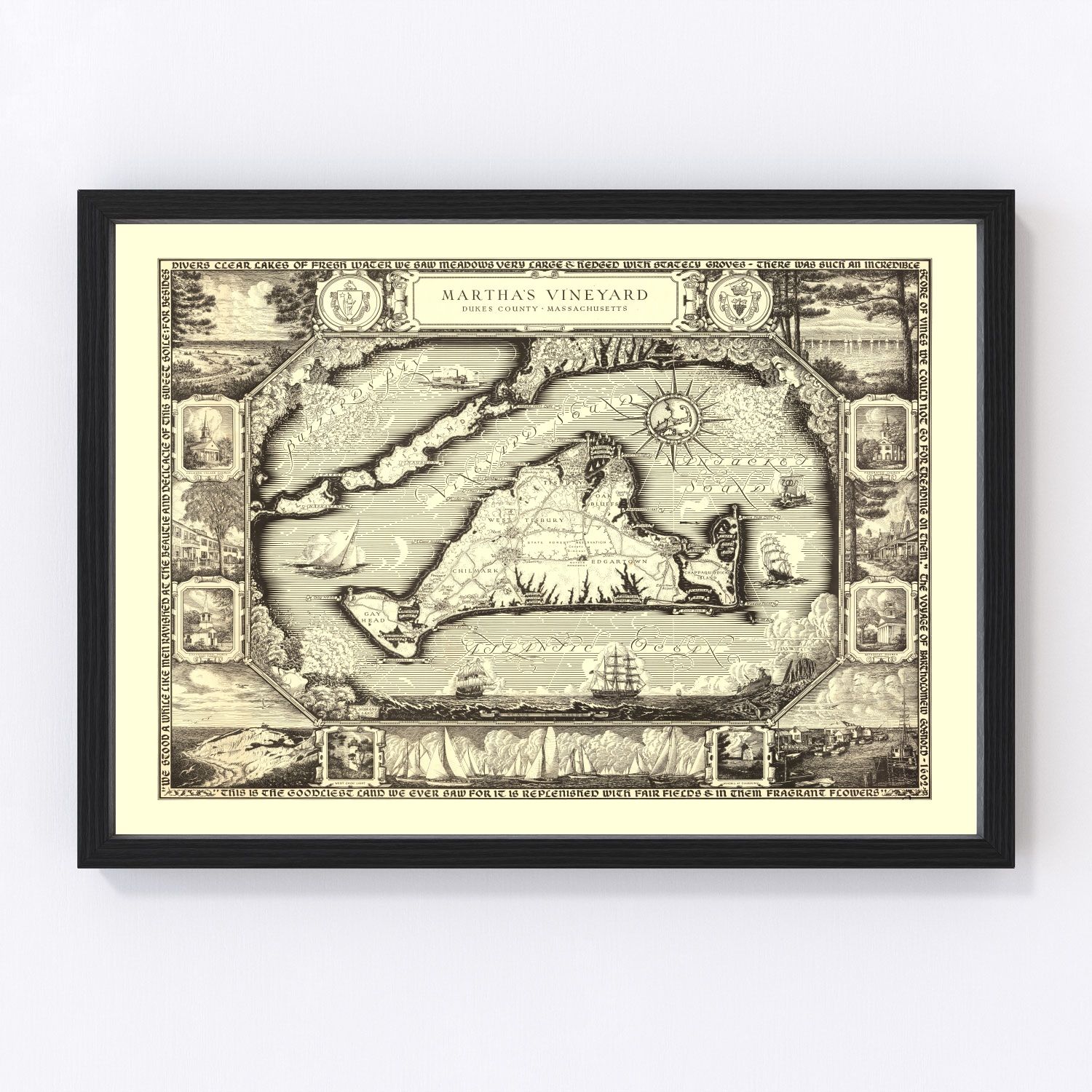 Vintage Map of Martha's Vineyard, MA 1954