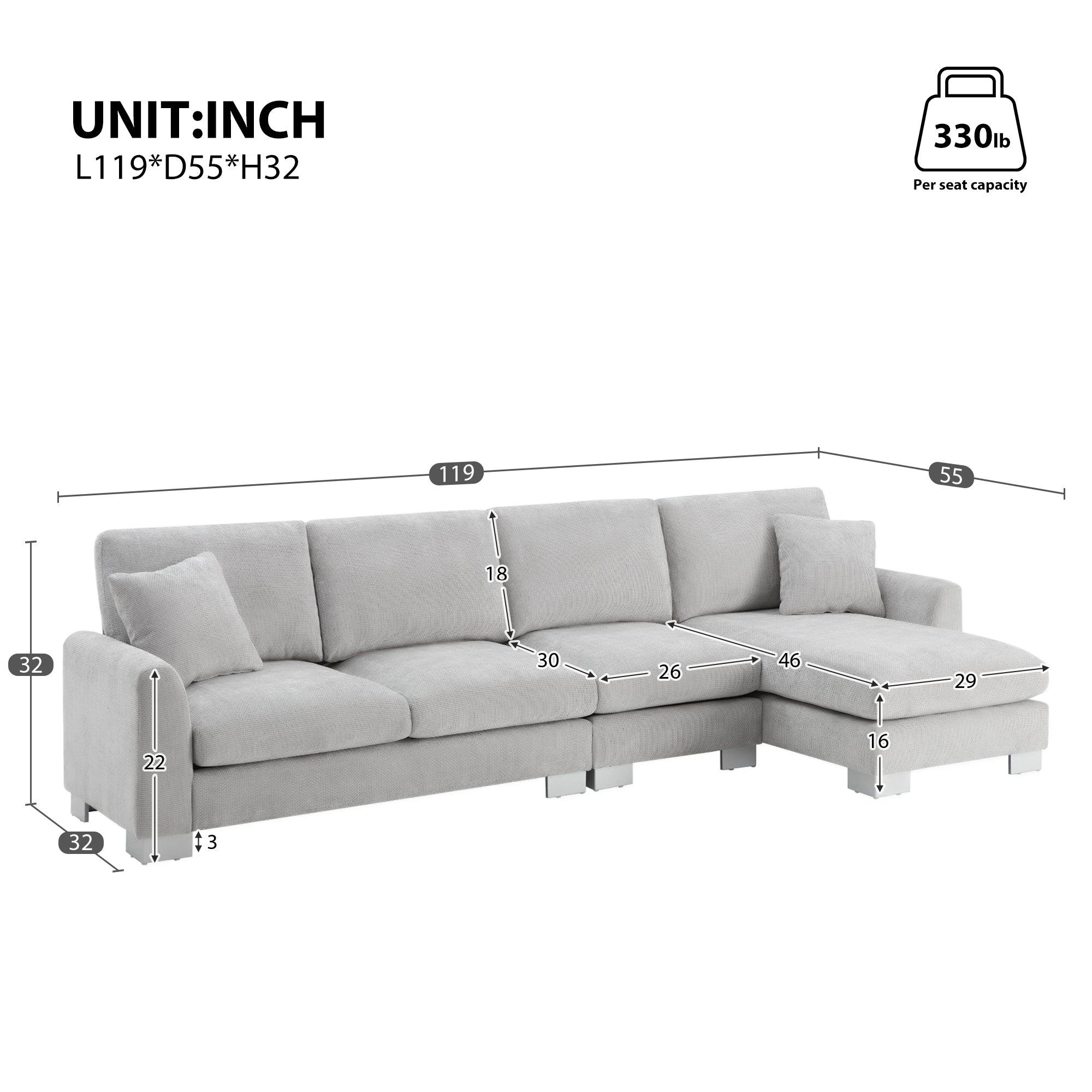Modern Oversized L-shaped Sectional Sofa with Chaise and Free Pillows, Chenille Fabric, 119*55 Inches, Light Gray