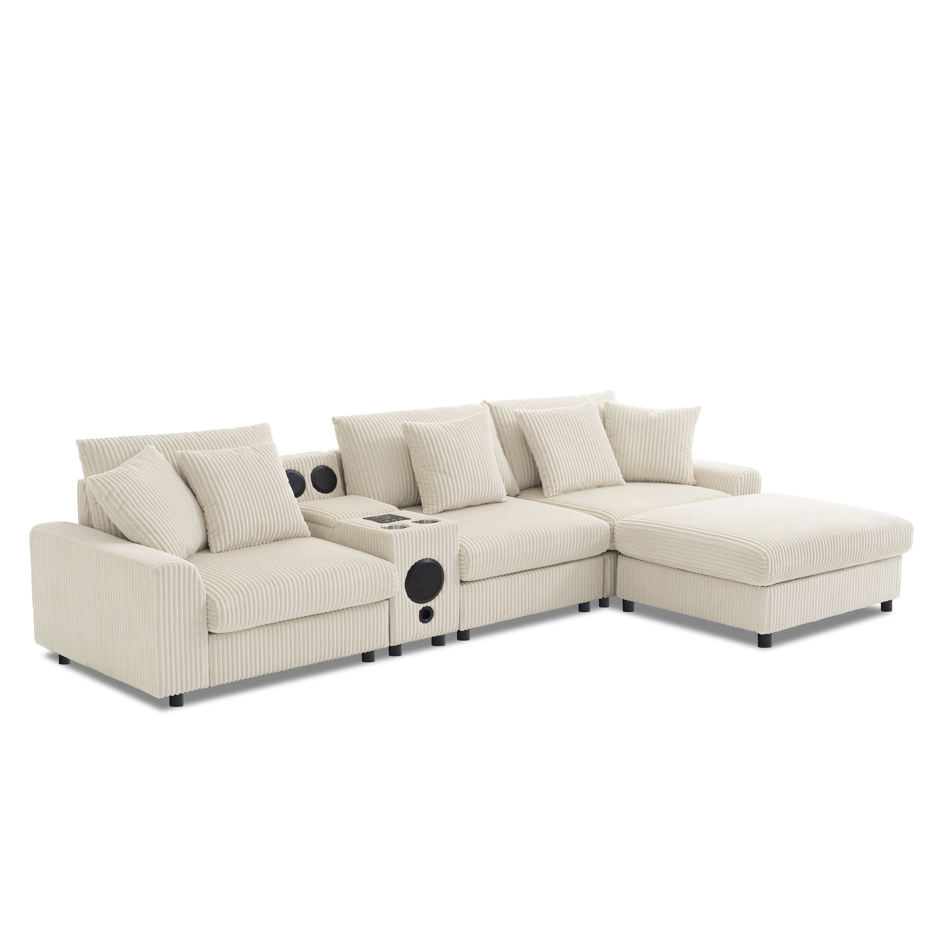 Modular Corduroy Sectional Sofa with Bluetooth Speakers, USB Charger, Cup Holders, Storage, Ottoman, 114*64'' Cream