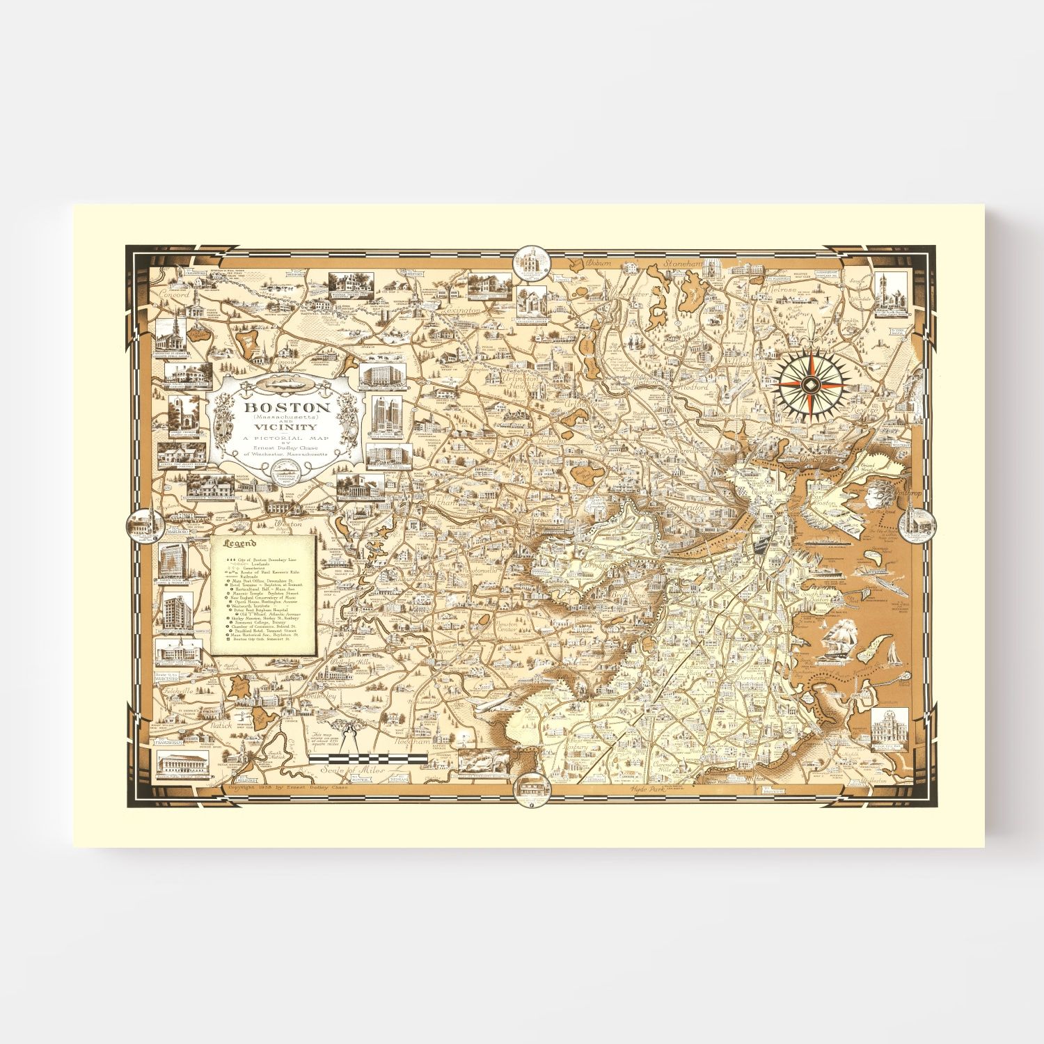 Vintage Pictorial Map of Boston, MA 1938