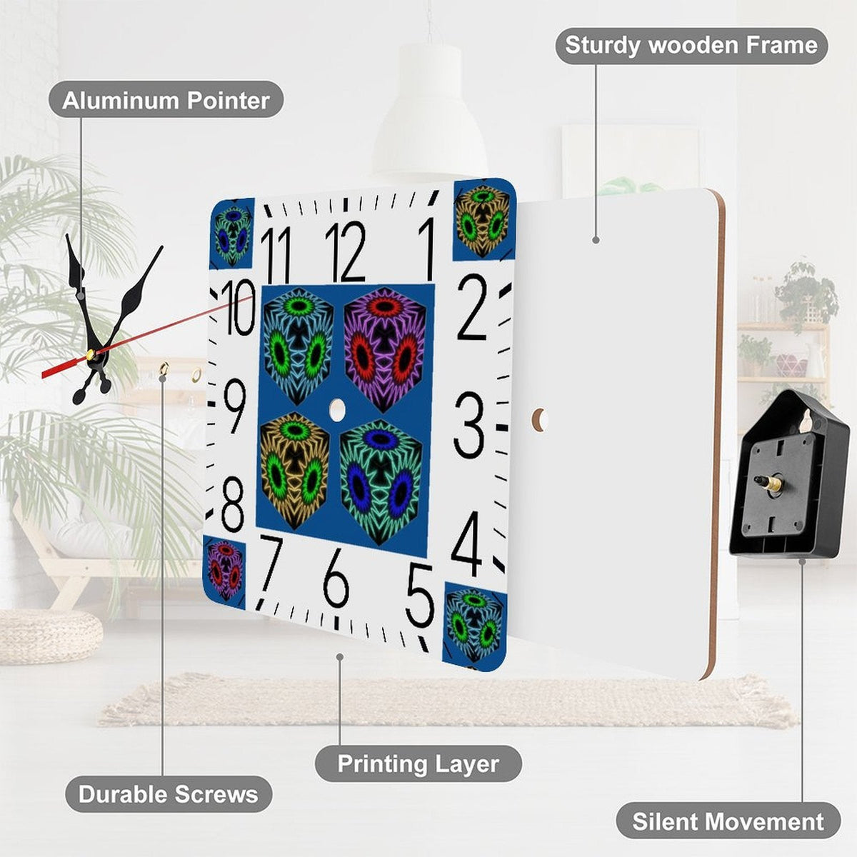 Colorful Cubes Square Wall Clock with Numbers | Ships from USA