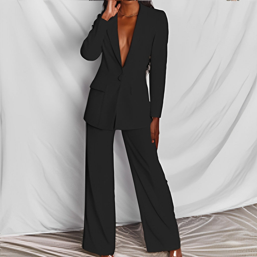 2pcs Casual Suit Lapel Button-down Blazer Jacket And Straight-leg Pants Office Commuting Business Trousers Set Clothing (See size chart where applicable)